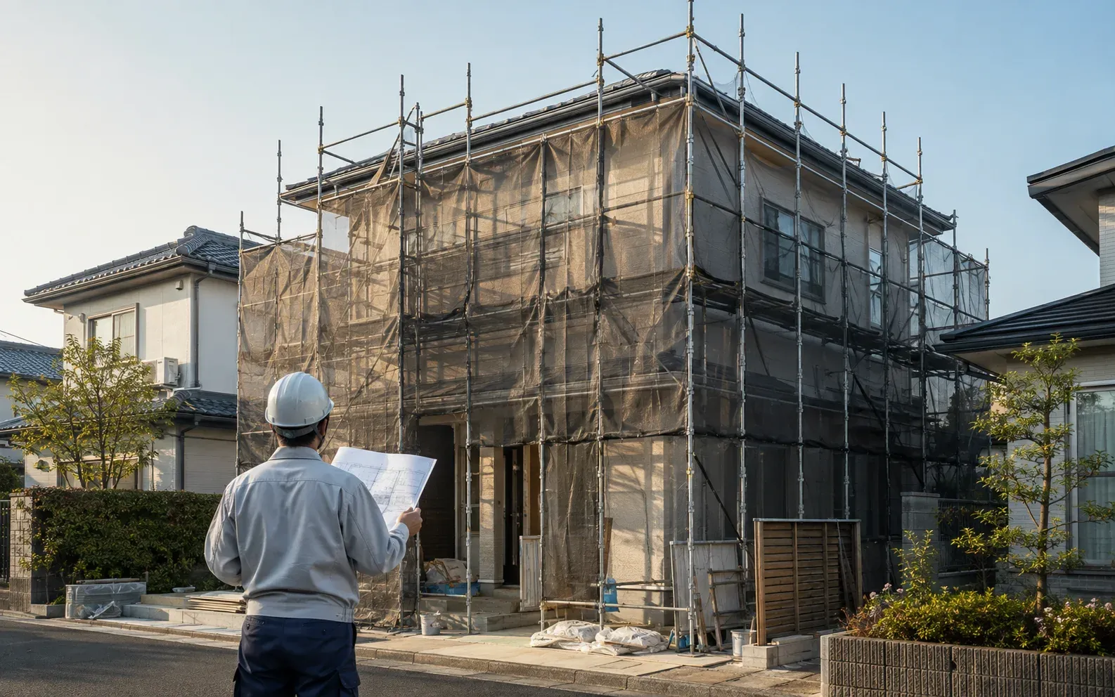 足場を組んだ改修現場で、図面を手に建物を確認する様子（イメージ）