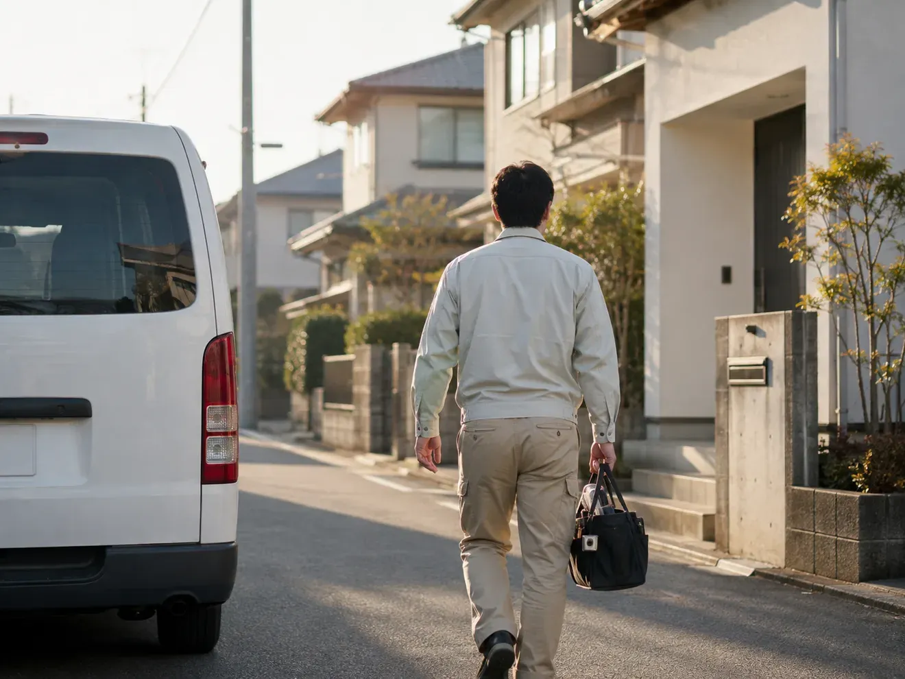 朝の住宅街で工具バッグを手に現場へ向かう作業服姿のスタッフの後ろ姿（イメージ）